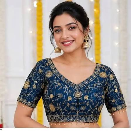 Navy blue blouse covered in gold floral aari embroidery, with a V-neckline and pearl drop fringe along the sleeve hems.